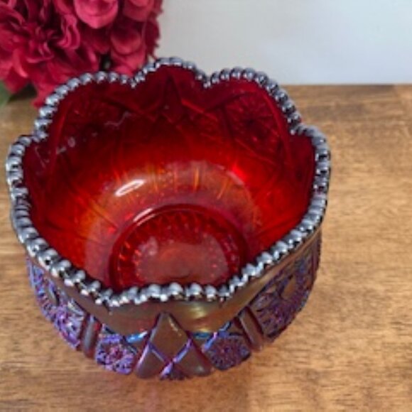 Indiana Glass Heirloom Sunset Ruby Red Carnival Glass Bowl Scalloped Rim Vintage - Picture 3 of 7
